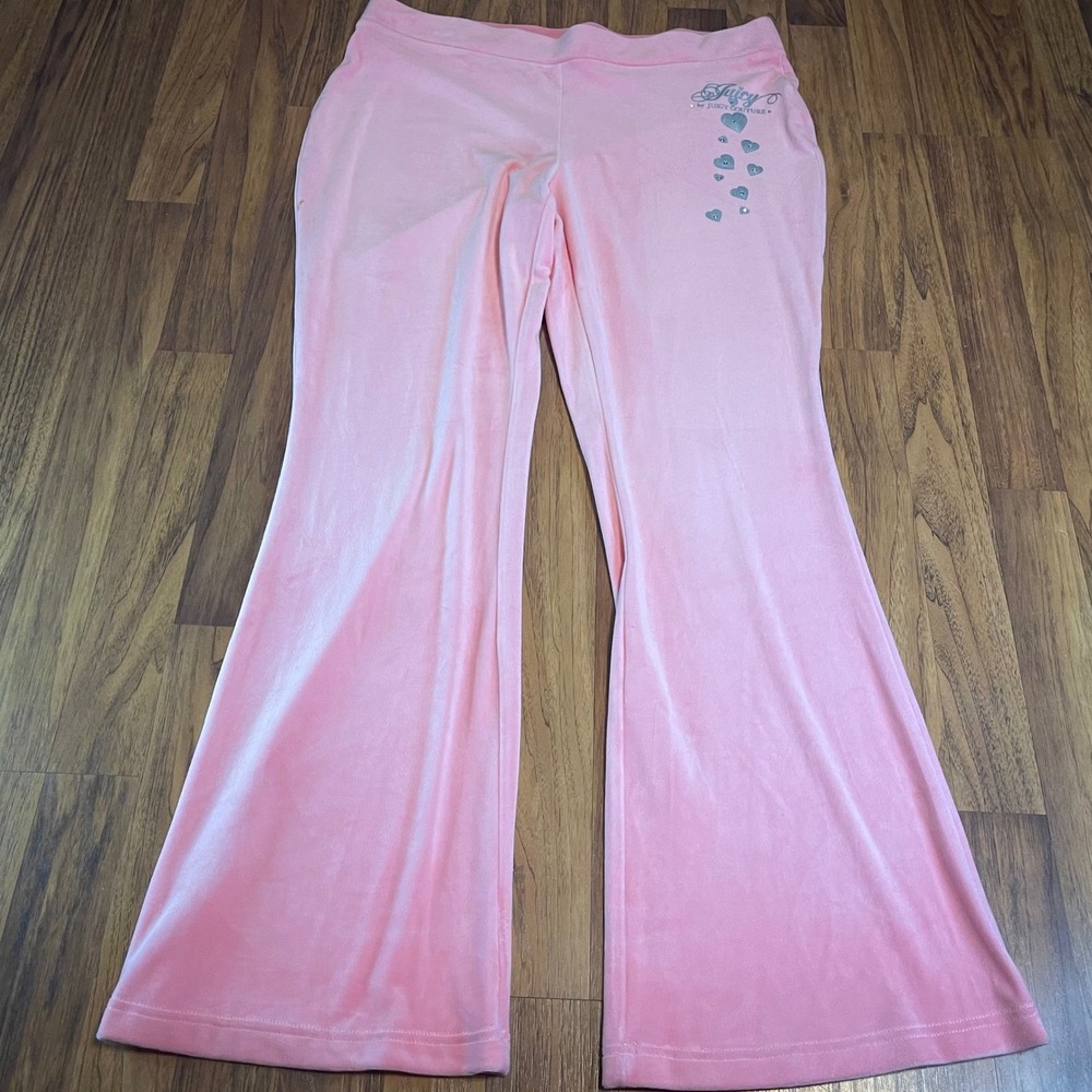 Juicy by Juicy Couture Pink Velour Flare Track Pants XL Rhinestone Heart Y2K